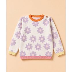 Babyhug 100% Cotton Knit Full Sweater sets with Cap & Floral Design - Lavender