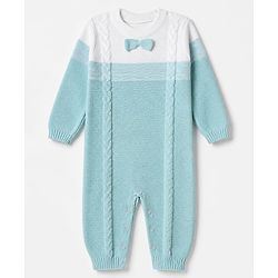 Babyhug Natural 100% Cotton Knit Full Sleeves Winter Wear Romper With Bow Applique - Light Blue