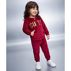 Babyhug Velour Full Sleeves Winter Wear Set With Text Foil Print - Wine