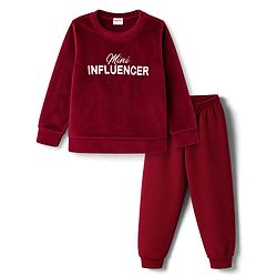 Babyhug Velour Full Sleeves Winter Wear Set With Text Embroidery - Maroon