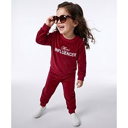 Babyhug Velour Full Sleeves Winter Wear Set With Text Embroidery - Maroon