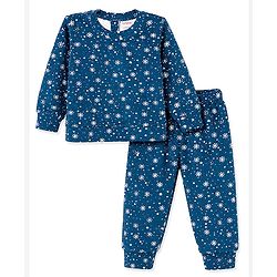 Babyhug Velour Full Sleeves Sweatshirt & Pant Co-Ord Winter Wear Suit With Snowflake Print - Navy Blue