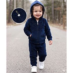 Babyhug Velour Full Sleeves Hooded Sweatshirt & Pant Co-Ord Winter Wear Suit With Galaxy Print - Navy Blue
