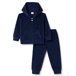 Babyhug Velour Full Sleeves Hooded Sweatshirt & Pant Co-Ord Winter Wear Suit With Galaxy Print - Navy Blue