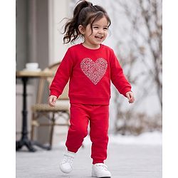 Babyhug Velour Full Sleeves Winter Wear Set With Heart Foil Print - Fuchsia