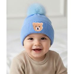 Babyhug Knit Woollen Cap With Pom Pom & Teddy Bear Embroidery Navy Blue - Diameter 12 cm