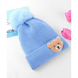 Babyhug Knit Woollen Cap With Pom Pom & Teddy Bear Embroidery Navy Blue - Diameter 12 cm