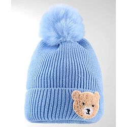 Babyhug Knit Woollen Cap With Pom Pom & Teddy Bear Embroidery Navy Blue - Diameter 12 cm