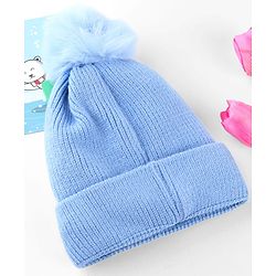 Babyhug Knit Woollen Cap With Pom Pom & Teddy Bear Embroidery Navy Blue - Diameter 12 cm