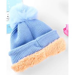 Babyhug Knit Woollen Cap With Pom Pom & Teddy Bear Embroidery Navy Blue - Diameter 12 cm