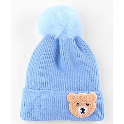 Babyhug Knit Woollen Cap With Pom Pom & Teddy Bear Embroidery Navy Blue - Diameter 12 cm