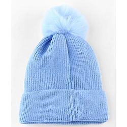 Babyhug Knit Woollen Cap With Pom Pom & Teddy Bear Embroidery Navy Blue - Diameter 12 cm