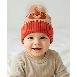 Babyhug Knit Woollen Cap With Pom Pom & Teddy Bear Design Brown - Diameter 13 cm