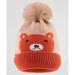 Babyhug Knit Woollen Cap With Pom Pom & Teddy Bear Design Brown - Diameter 13 cm