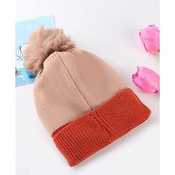 Babyhug Knit Woollen Cap With Pom Pom & Teddy Bear Design Brown - Diameter 13 cm