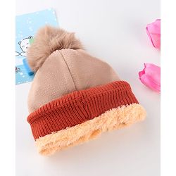 Babyhug Knit Woollen Cap With Pom Pom & Teddy Bear Design Brown - Diameter 13 cm