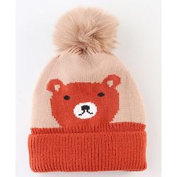 Babyhug Knit Woollen Cap With Pom Pom & Teddy Bear Design Brown - Diameter 13 cm