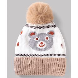 Babyhug Knit Woollen Cap With Bear Design OffWhite - Diameter 13 cm