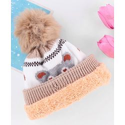 Babyhug Knit Woollen Cap With Bear Design OffWhite - Diameter 13 cm