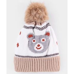 Babyhug Knit Woollen Cap With Bear Design OffWhite - Diameter 13 cm