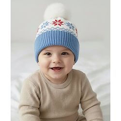 Babyhug Knit Woollen Cap With Pom Pom & Floral Design Blue - Diameter 13 cm