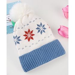 Babyhug Knit Woollen Cap With Pom Pom & Floral Design Blue - Diameter 13 cm