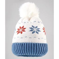 Babyhug Knit Woollen Cap With Pom Pom & Floral Design Blue - Diameter 13 cm