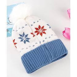 Babyhug Knit Woollen Cap With Pom Pom & Floral Design Blue - Diameter 13 cm