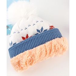 Babyhug Knit Woollen Cap With Pom Pom & Floral Design Blue - Diameter 13 cm
