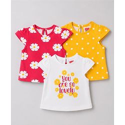 Babyhug 100% Cotton Knit Half Sleeves Floral & Polka Dots Printed T-Shirts Pack Of 3 - Red Yellow & White