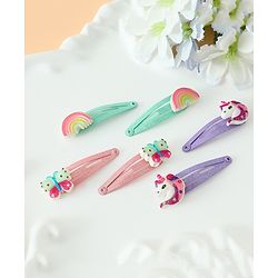 Babyhug Free Size Snap Hair Clips with Rainbow, Butterfly, Unicon Applique pack of 6 - Multicolor