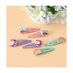 Babyhug Free Size Snap Hair Clips with Rainbow, Butterfly, Unicon Applique pack of 6 - Multicolor