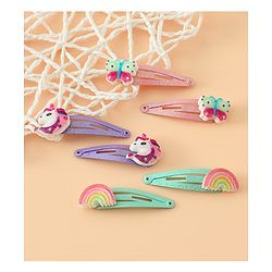Babyhug Free Size Snap Hair Clips with Rainbow, Butterfly, Unicon Applique pack of 6 - Multicolor
