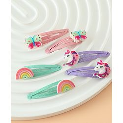 Babyhug Free Size Snap Hair Clips with Rainbow, Butterfly, Unicon Applique pack of 6 - Multicolor
