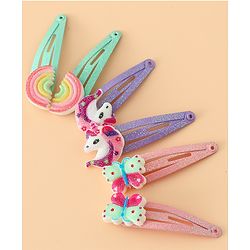 Babyhug Free Size Snap Hair Clips with Rainbow, Butterfly, Unicon Applique pack of 6 - Multicolor