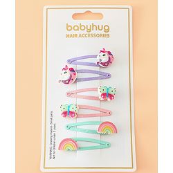 Babyhug Free Size Snap Hair Clips with Rainbow, Butterfly, Unicon Applique pack of 6 - Multicolor