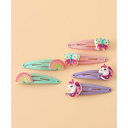 Babyhug Free Size Snap Hair Clips with Rainbow, Butterfly, Unicon Applique pack of 6 - Multicolor