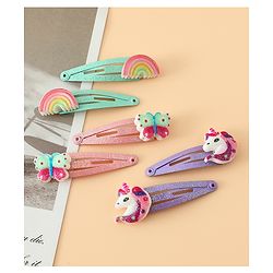 Babyhug Free Size Snap Hair Clips with Rainbow, Butterfly, Unicon Applique pack of 6 - Multicolor