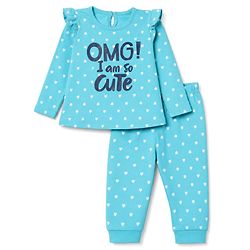 Babyhug 100% Cotton Knit Full Sleeves T-Shirt & Pyjama Night Suit with Heart & Text Print - Aqua Blue