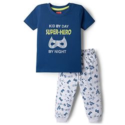 Babyhug 100% Cotton Knit Half Sleeves T-Shirt & Pyjama Night Suit With Text Print - Navy Blue