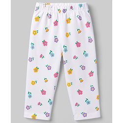 Babyhug 100% Cotton Knit Half Sleeves T-Shirt & Pyjama Night Suit With Floral Print - White