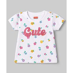 Babyhug 100% Cotton Knit Half Sleeves T-Shirt & Pyjama Night Suit With Floral Print - White