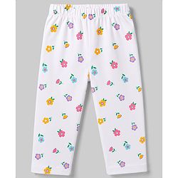 Babyhug 100% Cotton Knit Half Sleeves T-Shirt & Pyjama Night Suit With Floral Print - White