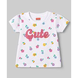 Babyhug 100% Cotton Knit Half Sleeves T-Shirt & Pyjama Night Suit With Floral Print - White