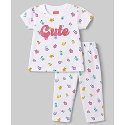 Babyhug 100% Cotton Knit Half Sleeves T-Shirt & Pyjama Night Suit With Floral Print - White