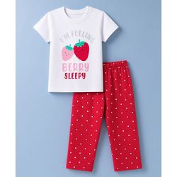Babyhug 100% Cotton Knit Half sleeves T-Shirt & Pyjama Night Suit With Polka Dot & Text Print - White