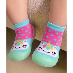 Cute Walk by Babyhug Slip on Sock Shoes with Unicorn & Polka Dot Print - Sea Green