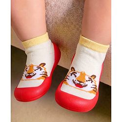 Cute Walk by Babyhug Slip on Sock Shoes with Tiger Print - Red