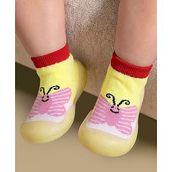 Cute Walk by Babyhug Slip On Sock Shoes With Butterfly Design - Yellow & Pink