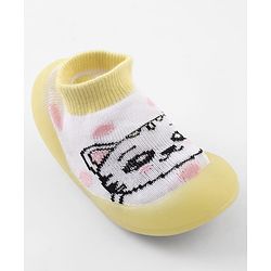 Cute Walk by Babyhug Slip-On Closure Sock Shoes With Cat Print - Yellow